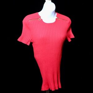 Lauren Ralph Lauren Ribbed Short Sleeve Sweater in Red